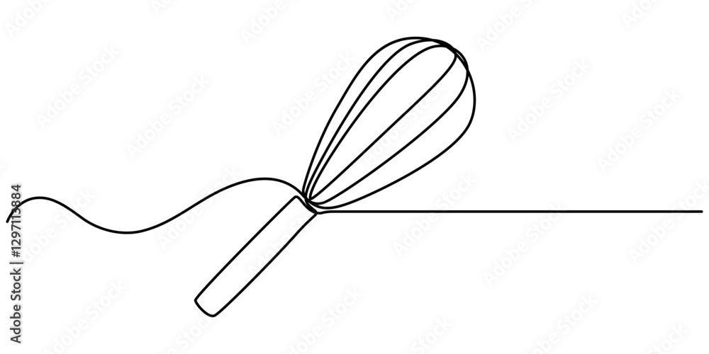 Poster cooking whisk one line continuous drawing. kitchen tools continuous one line illustration. vector mi