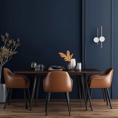 Stylish dining room featuring a modern table and elegant chairs with a dark blue wall.