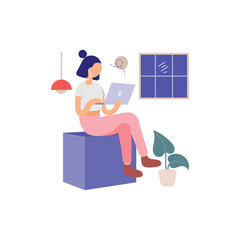 Girl Using Laptop at Home Vector Illustration