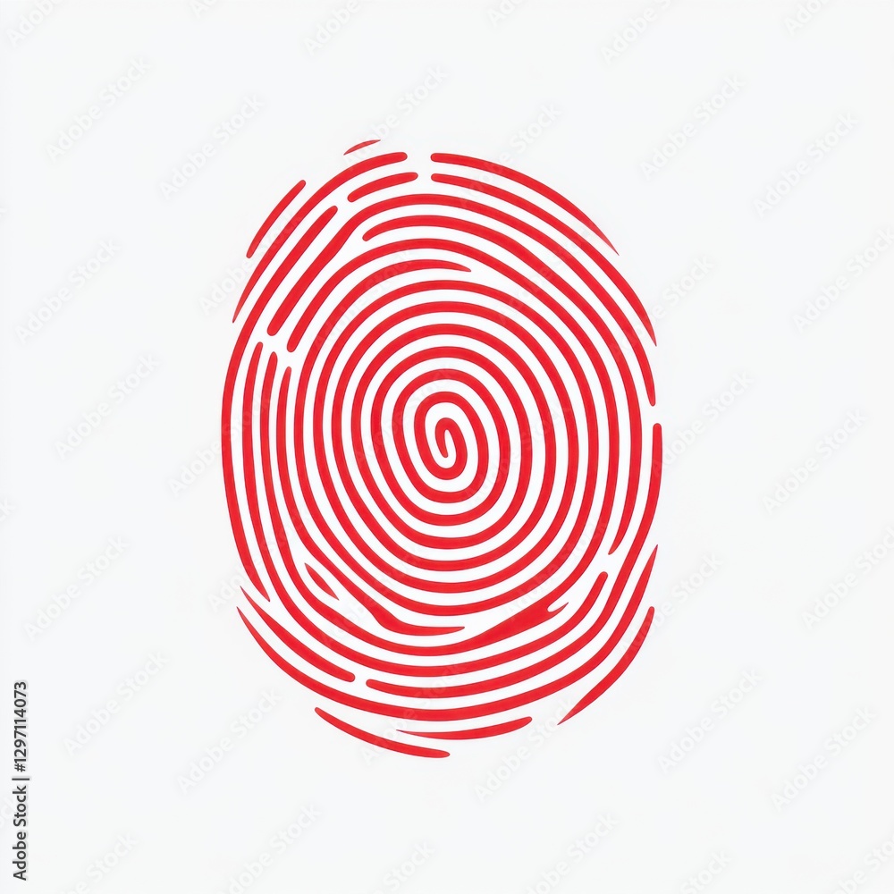 Poster stylized red fingerprint design on a white background, symbolizing security and identity.