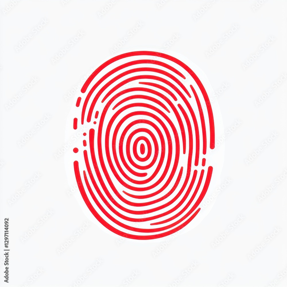 Poster an abstract representation of a red fingerprint on a light background, symbolizing identity and secu