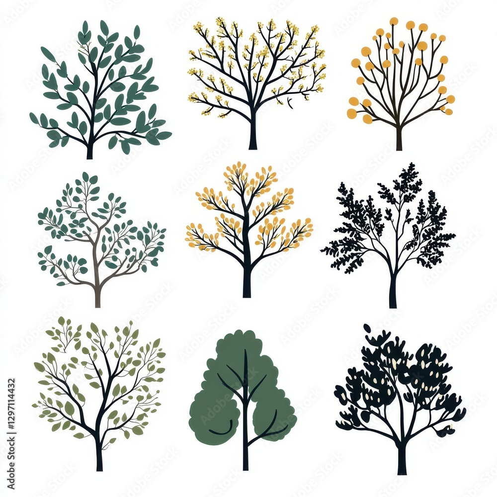Poster a colorful collection of various trees, showcasing different shapes and foliage styles in a harmonio