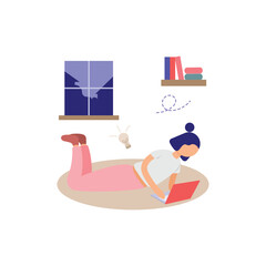 Girl Working on Laptop at Night Vector Illustration