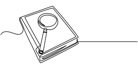 Continuous line drawing of book and magnifying glass, vector illustration, one line, Continuous one line drawing of book and magnifying glass, Vector of searching and education learning, positioned.