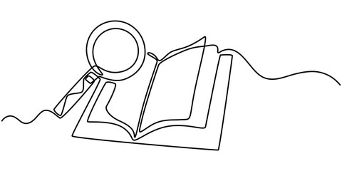 Continuous line drawing of book and magnifying glass, vector illustration, one line, Continuous one line drawing of book and magnifying glass, Vector of searching and education learning, positioned.