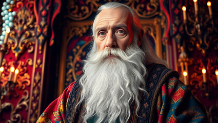 Fototapeta premium elderly man, long white beard, intense gaze, ornate robe, rich red fabric, candlelit background, medieval portrait, intricate details, regal atmosphere, ethereal lighting, fantasy style, high contrast