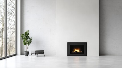 Fototapeta premium Modern minimalist living room fireplace winter view