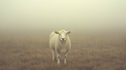 Obraz premium Sheep in foggy field, tranquil scene, pastoral landscape, nature photography