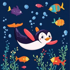 Fototapeta premium A cheerful cartoon penguin swimming surrounded by colorful fish and bubbles in an underwater scene.