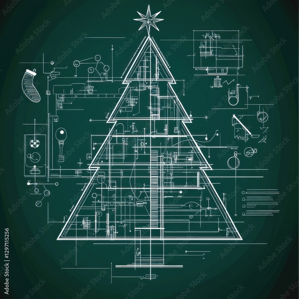 Poster blueprint of a christmas tree design with intricate details and engineering elements.