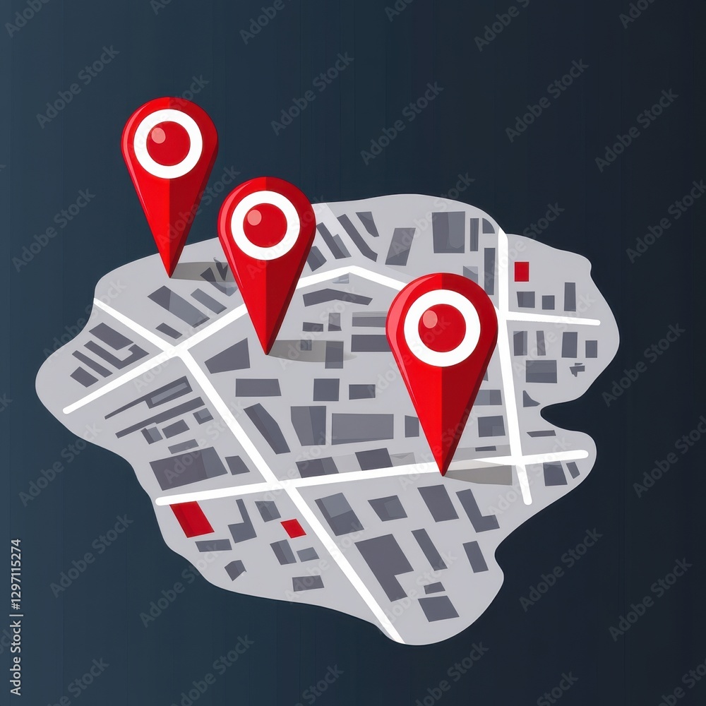 Poster a digital map with red location markers illustrating key spots in a modern urban setting.