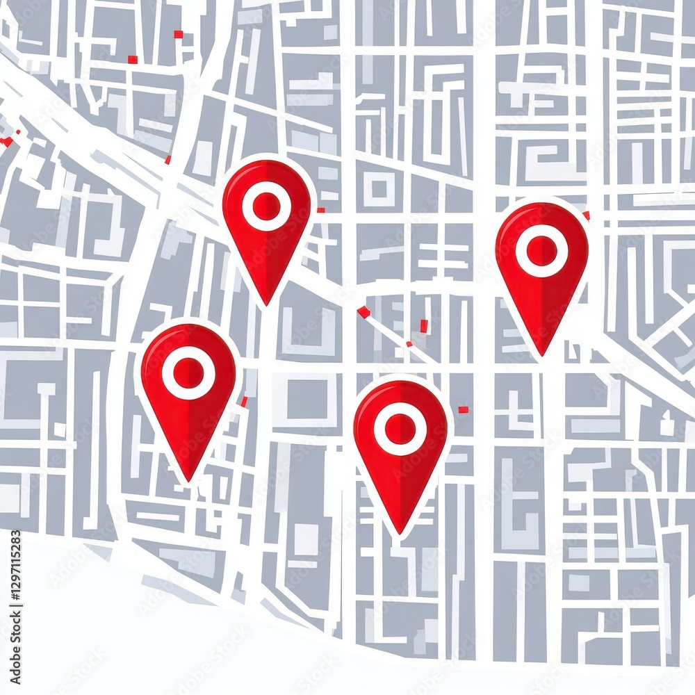 Poster map with four red location markers indicating various points of interest.