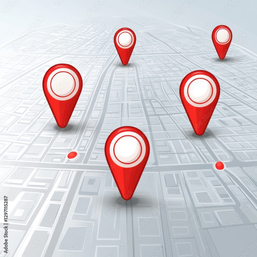 Poster stylized red location markers on a light gray urban map background, representing navigation and mapp