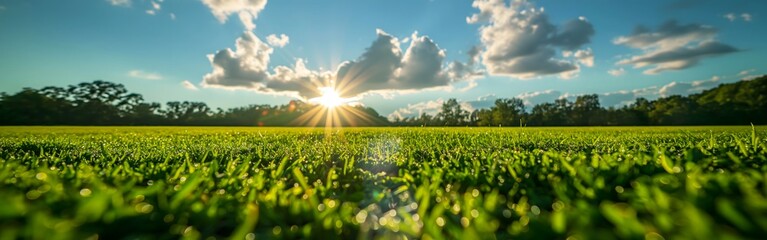 Green Grass Field with Sunlight and Cloudy Blue Sky