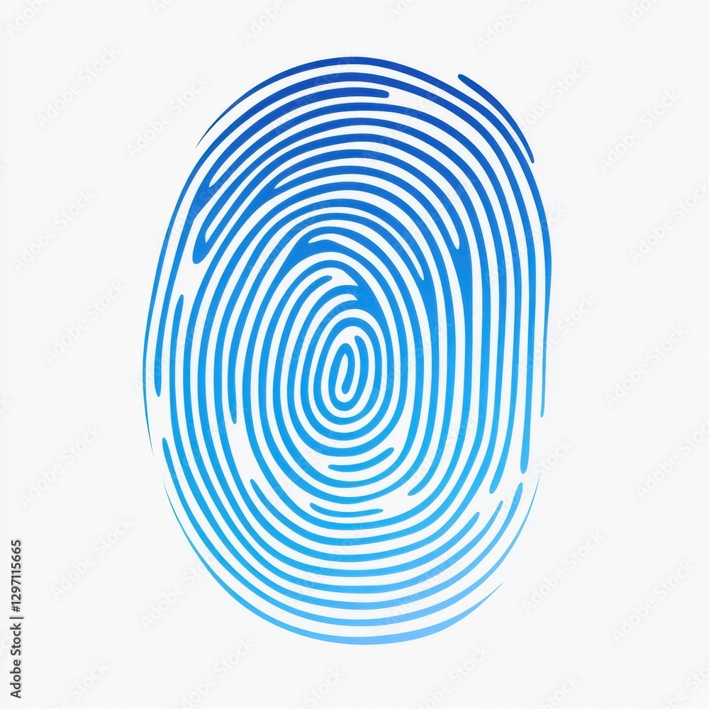 Poster a stylized fingerprint design in gradient blue on a white background, symbolizing security and ident