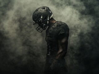 Professional, fast american football player, serious and focused, on dark background, in smoke, sand and dust.