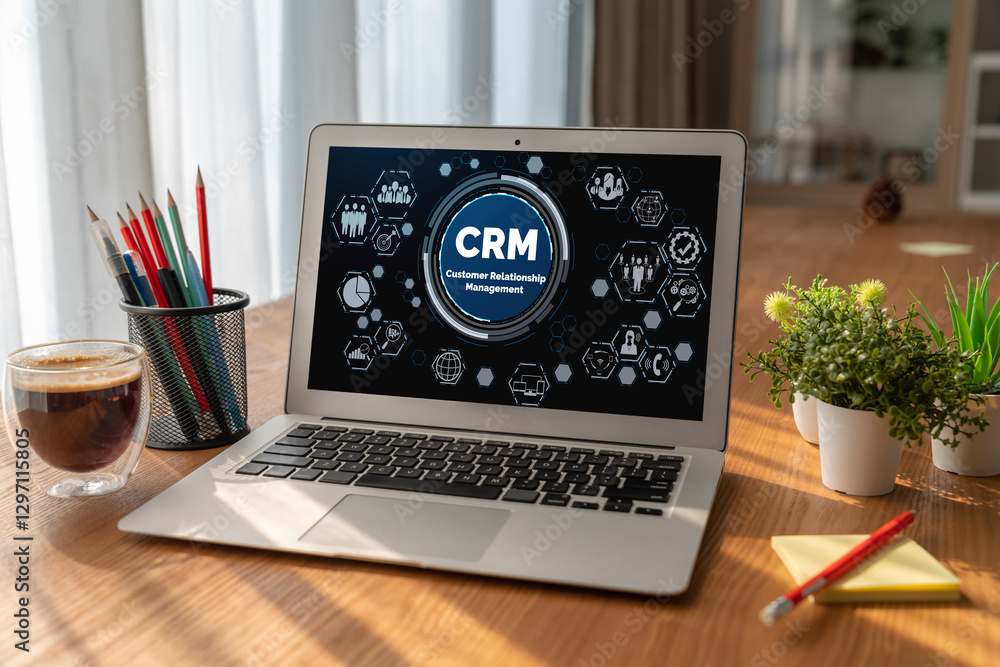 Poster customer relationship management system on modish computer for crm business and enterprise