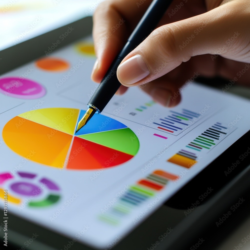 Poster close-up of a hand analyzing colorful charts on a digital tablet with a pen.