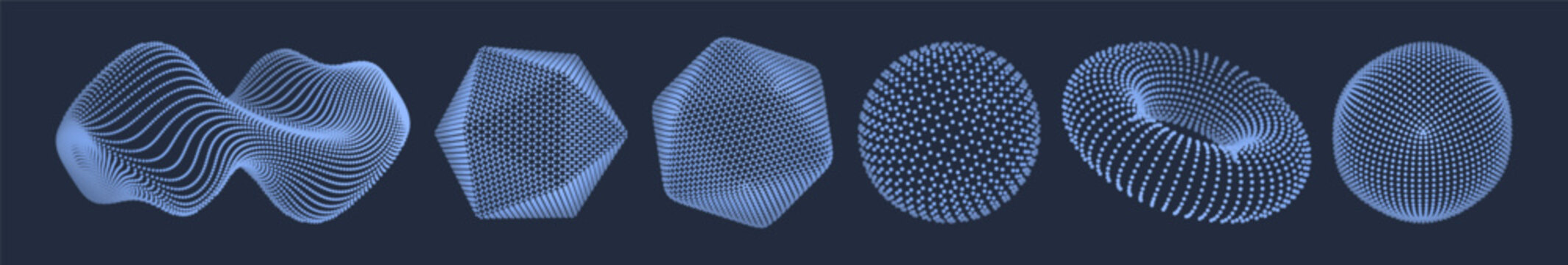 Set of geometric shapes for design. Crystal, sphere, torus, cube and wave made up of small particles. Objects with dots. Grid. Connection structure for education and science. Vector illustration.