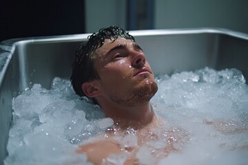 Athletic man undergoing cryotherapy in ice bath for muscle recovery and pain relief after training