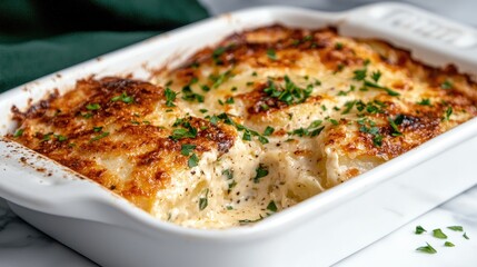 Creamy potato gratin in white baking dish