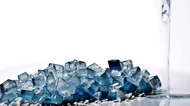 Blue crushed ice cubes on a white background.
