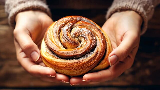 A twisted cinnamon bun in a female baker's hands on a wooden table background.