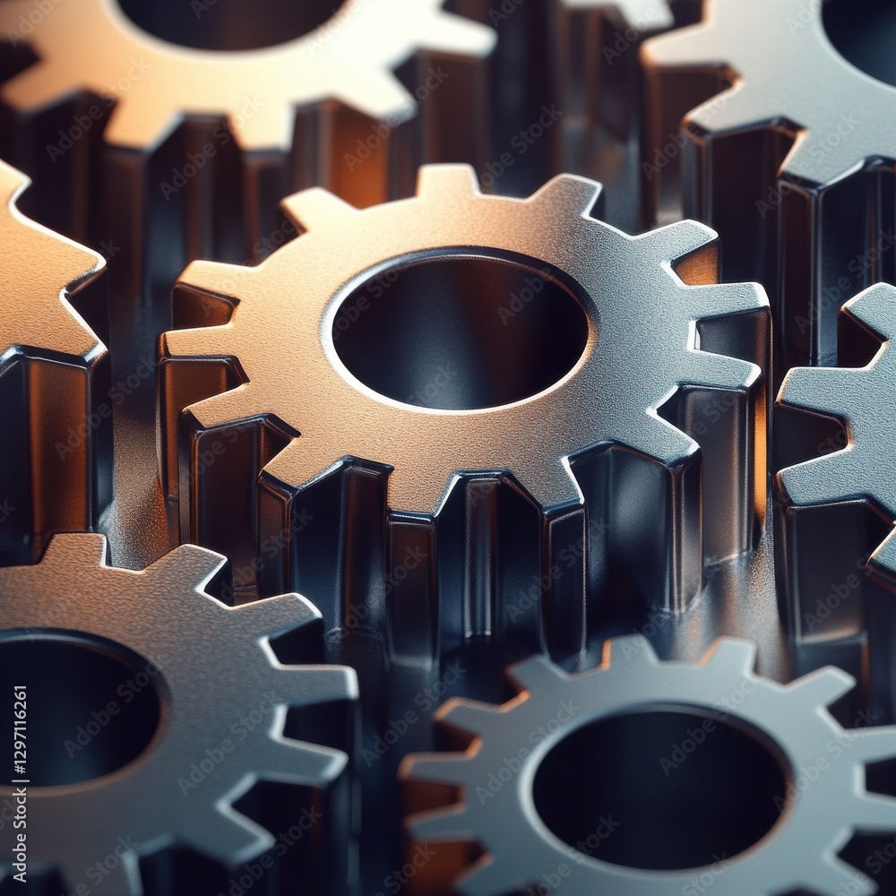 Poster close-up of metallic gears demonstrating intricate design and mechanical precision.
