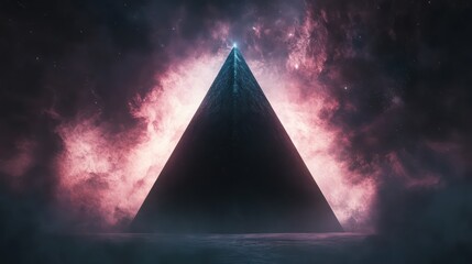 A dark pyramid stands within an ethereal cosmic nebula environment