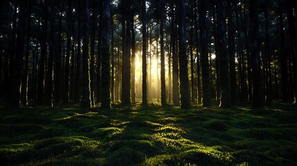 Fototapeta premium Sunlight filtering through misty forest