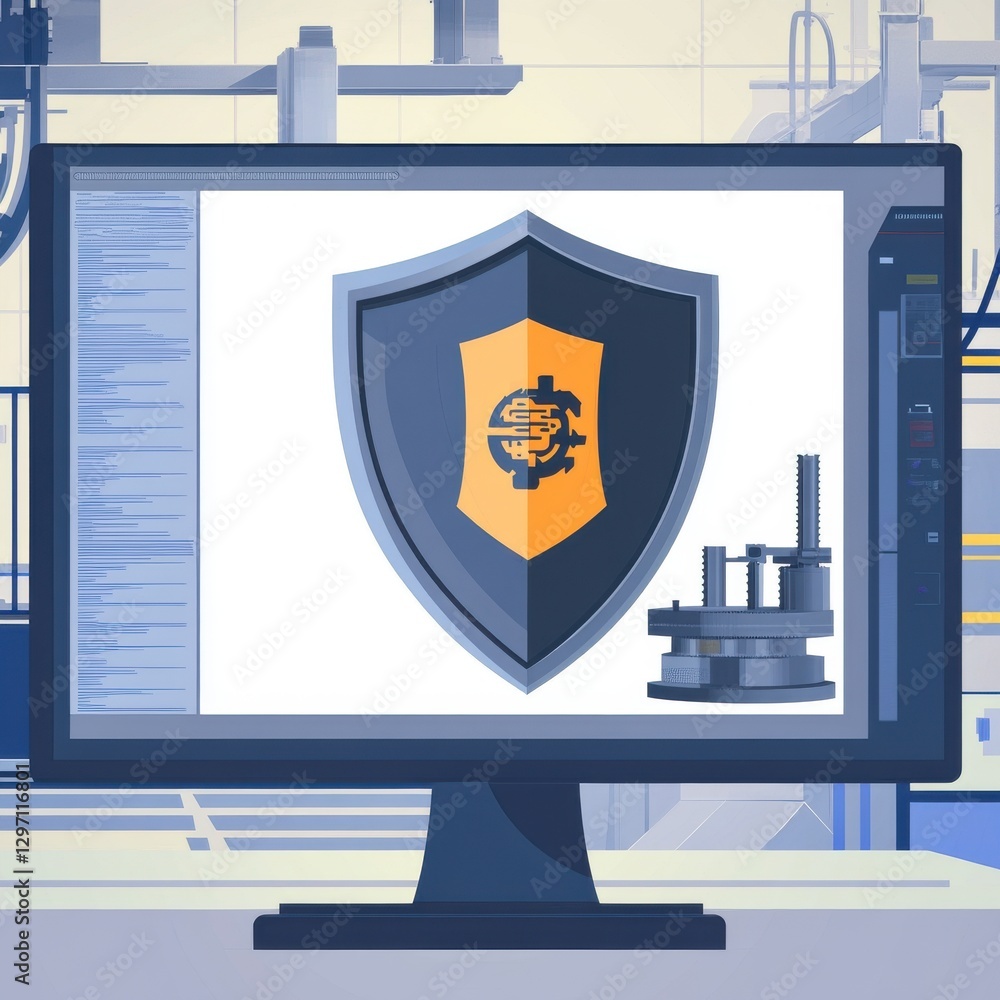 Poster a digital shield emblem displayed on a computer screen, symbolizing cybersecurity and technology.