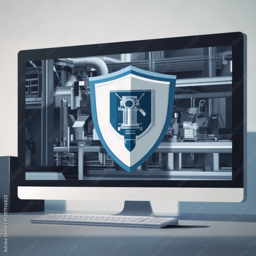 Poster computer screen displaying a security shield on a high-tech engineering background.