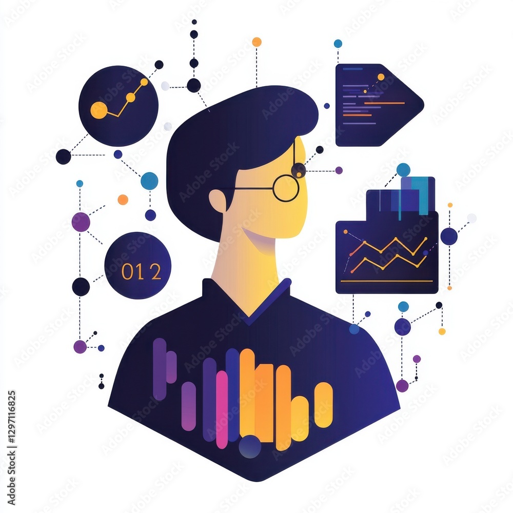 Aufkleber stylized illustration of a young man analyzing data with graphs and charts, showcasing technology an