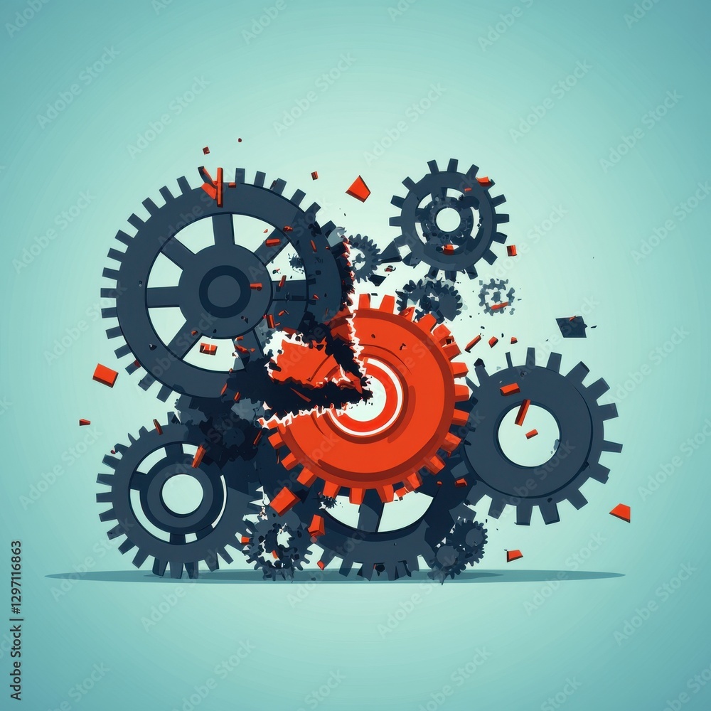 Aufkleber abstract illustration of gears exploding, showcasing dynamic movement and industrial themes.