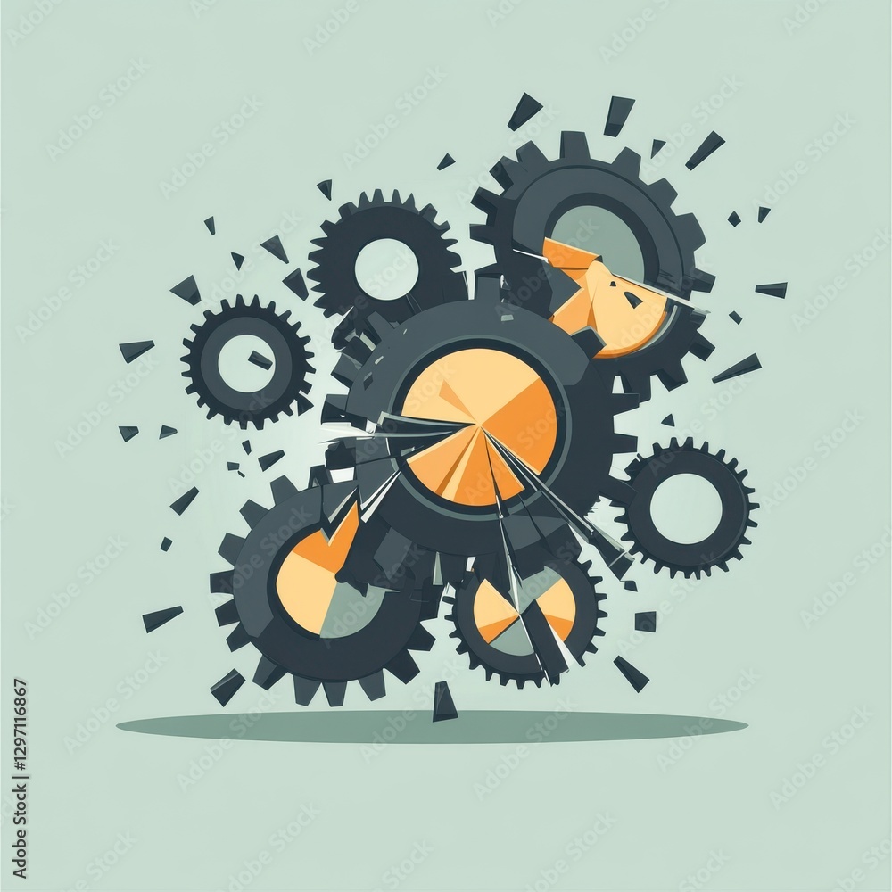 Poster an abstract illustration of mechanical gears in motion, showcasing a dynamic interplay of shapes and