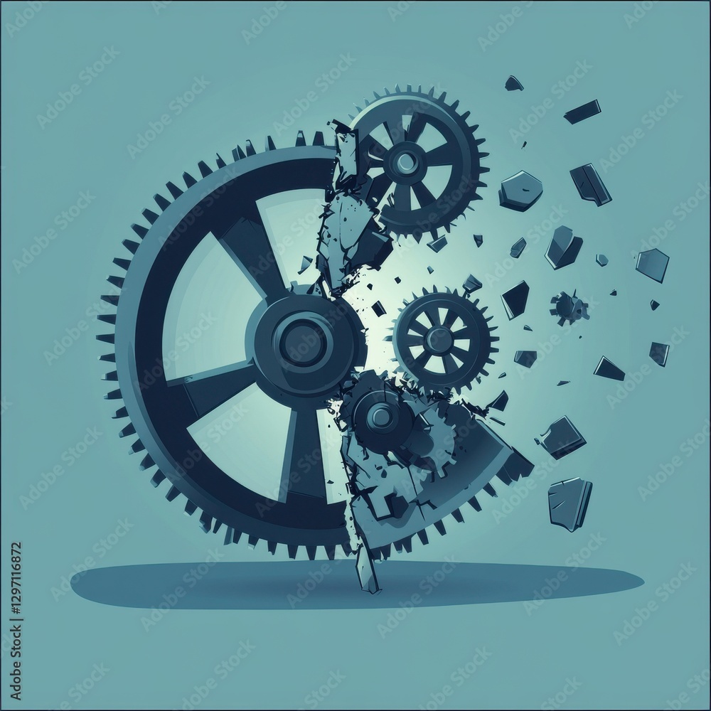 Aufkleber dynamic gears exploding against a teal background, conveying motion and innovation.