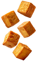 falling brown tofu, isolated on white background