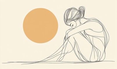 Woman sits sadly, sunset background, minimalist line art, mental health