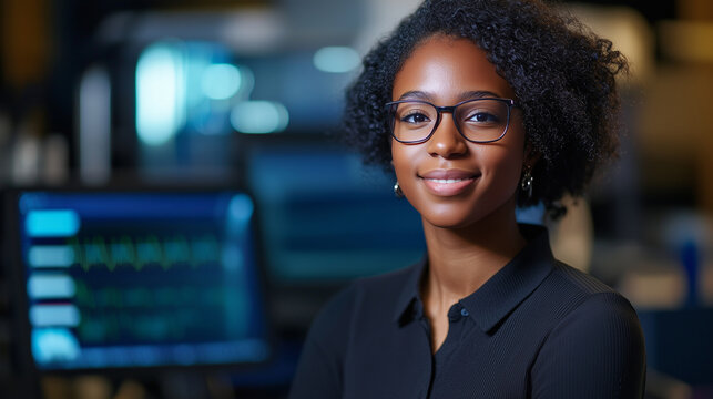 Young Black researcher in a cutting-edge lab examining specimens