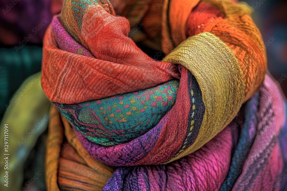 Poster a detailed view of a colorful scarf with intricate patterns