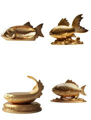 set of four, fishes, gold fish, isolated, transparent background, golden fish, dragon, asia, statue, gold, thailand, sculpture, art, decoration, golden, china, thai, decoration pieces, engraved, 