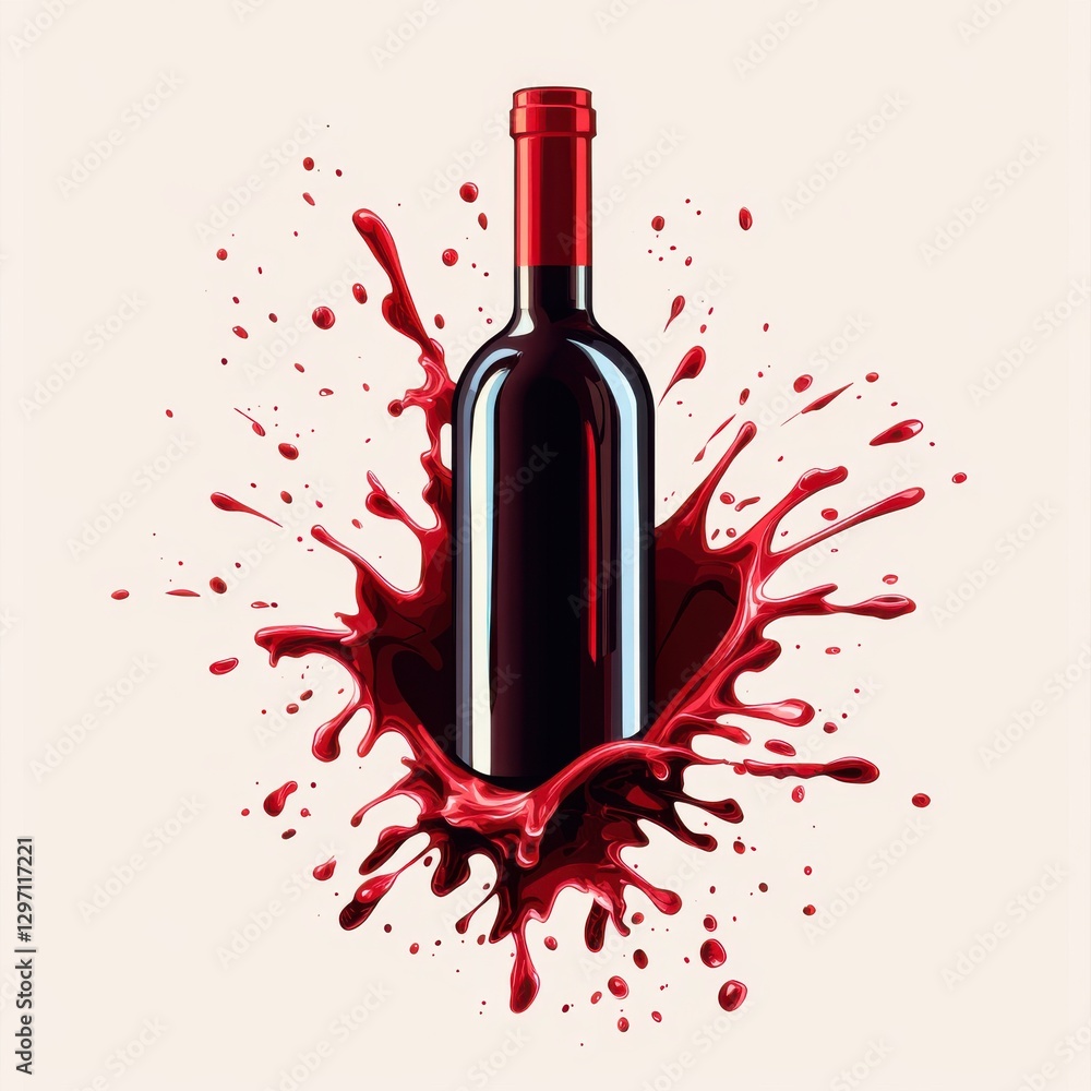 Poster a sleek red wine bottle surrounded by splashes of vibrant red wine, creating an inviting and dynamic
