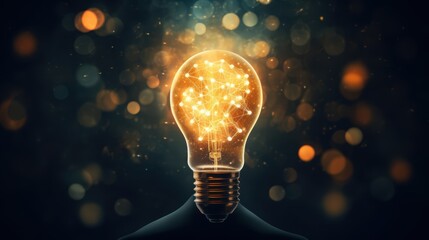 Glowing light bulb with neural network inside, symbolizing artificial intelligence innovation, creativity, and futuristic technology on a dark background.