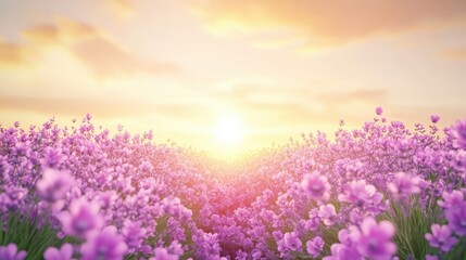 Fototapeta premium Lavender Field in Bloom Under Pastel Sunset Stretching to Horizon