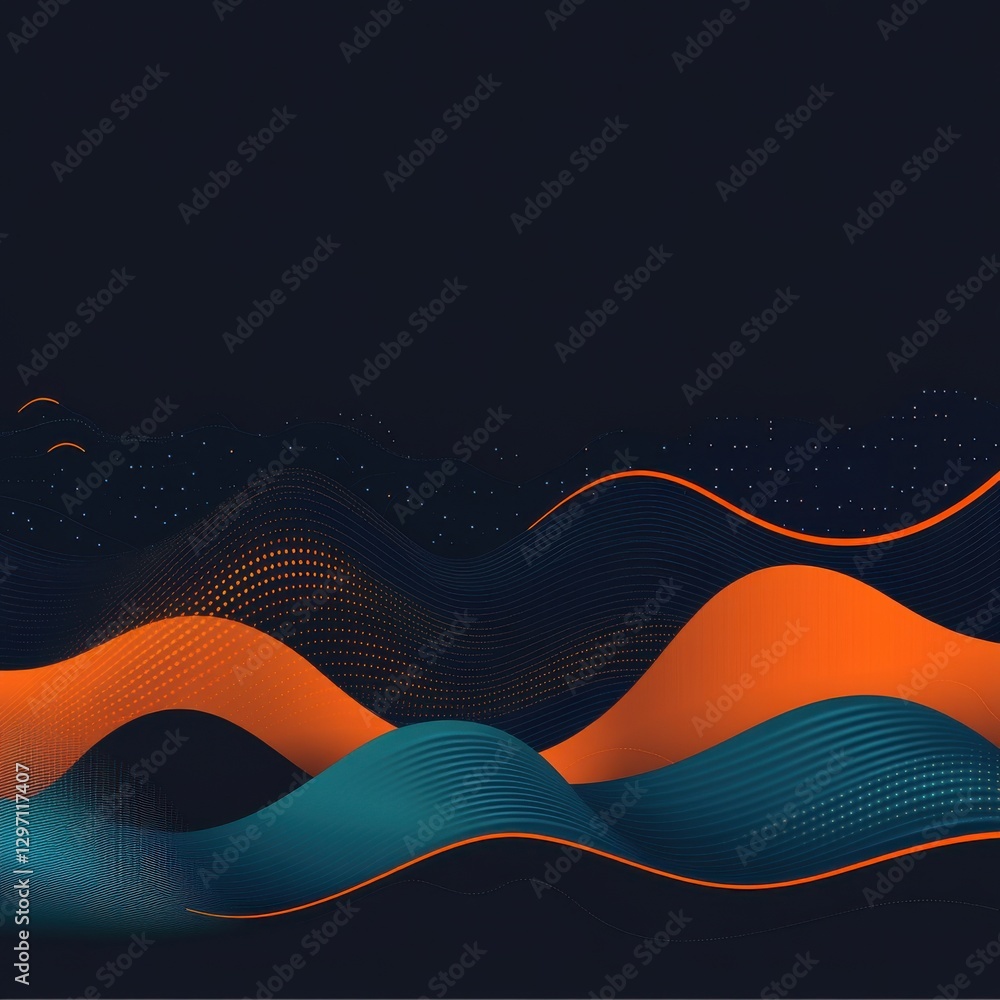 Poster abstract digital waves in blue and orange against a dark background, creating a dynamic visual contr