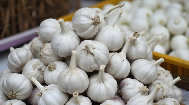 fresh garlic bulbs stacked together with white papery skin and earthy roots visible bulbos de ajo frescos apilados con la piel blanca de papel y las ra&iacute;ces terrosas visibles