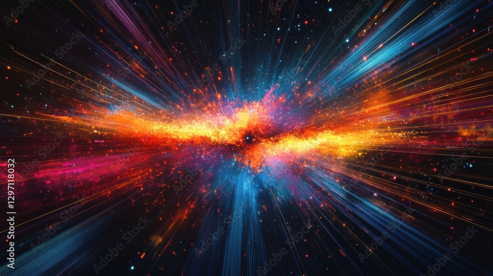 Poster colorful explosion of light across a dark cosmic background in a vibrant portrayal of space and ener