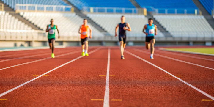 Four runners compete on a track in a stadium blurred grandstand view dynamic sports action
