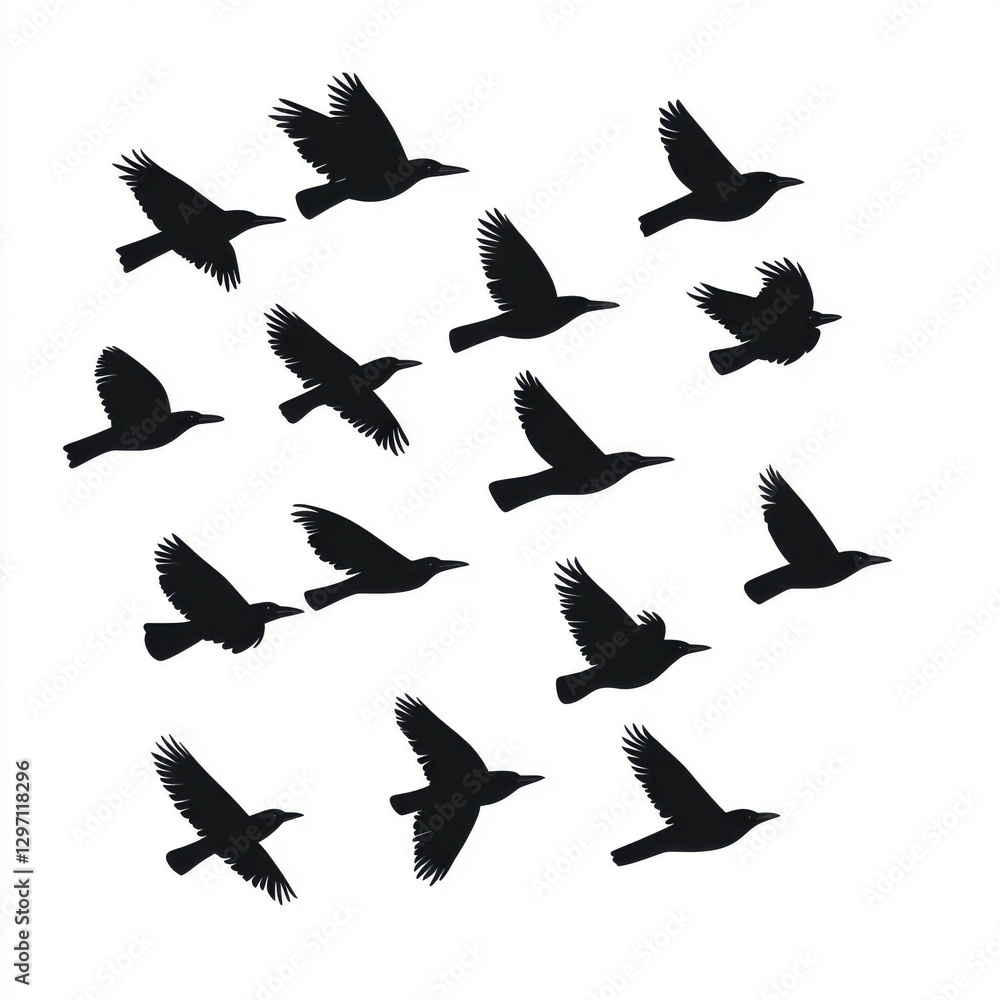 Poster a dynamic collection of silhouetted birds in flight, creating a sense of freedom and movement.