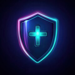 Obraz premium A glowing neon shield icon featuring a cross, symbolizing protection and health.